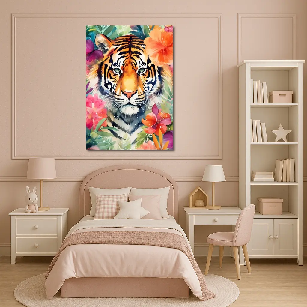Tiger Portrait Watercolor Tropical Flowers Art – Wall Art