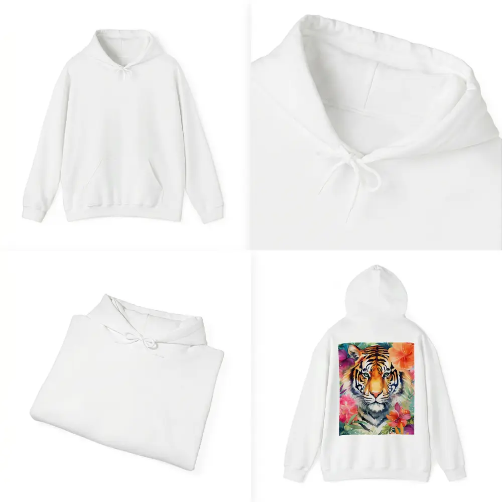 Tiger Portrait Watercolor Tropical Flowers Art – Hoodies