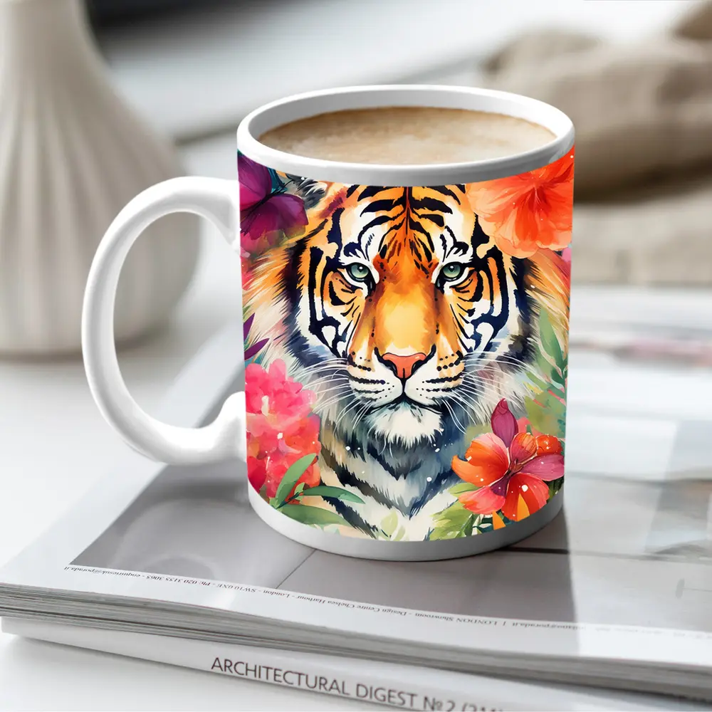 Tiger Portrait Watercolor Tropical Flowers Art – Mugs