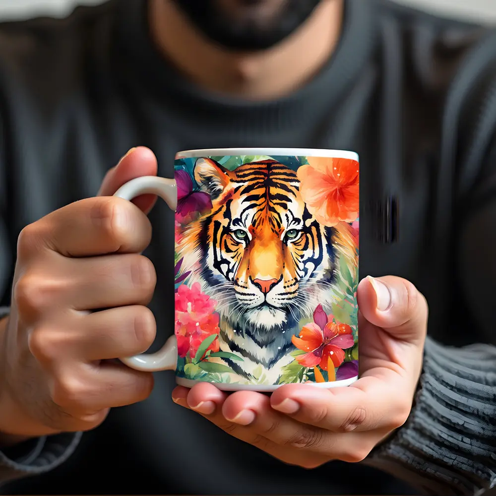 Tiger Portrait Watercolor Tropical Flowers Art – Mugs