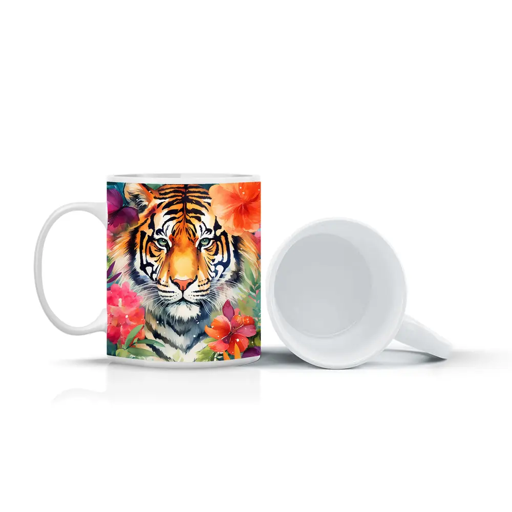 Tiger Portrait Watercolor Tropical Flowers Art – Mugs