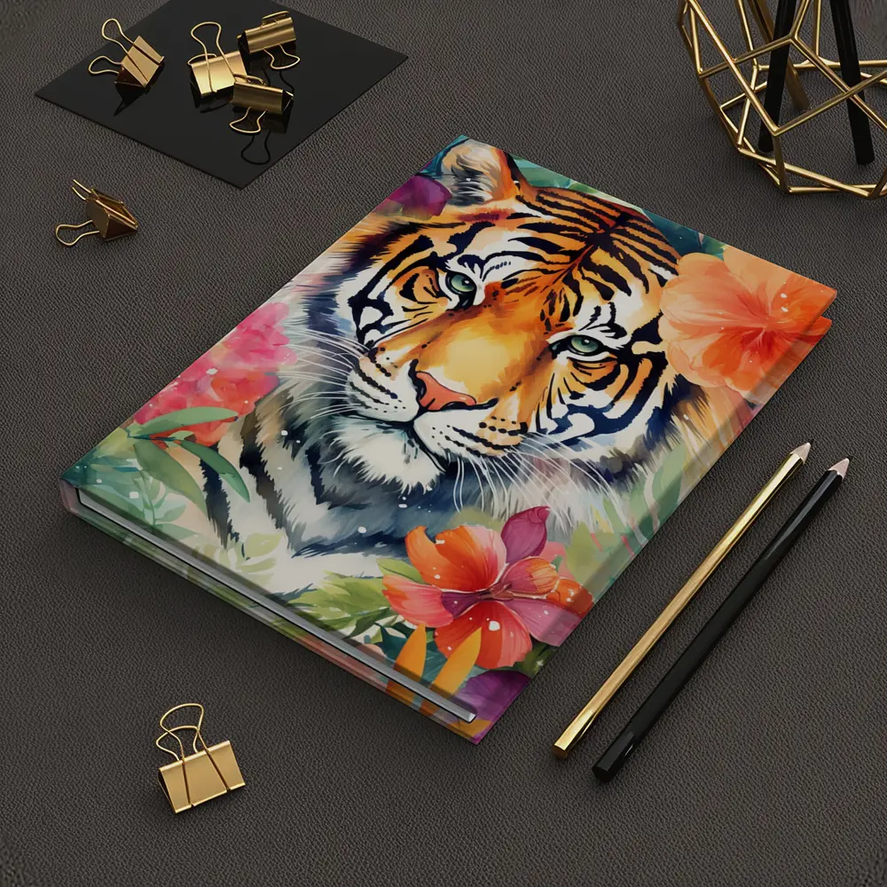 Tiger Portrait Watercolor Tropical Flowers Art – Notebooks