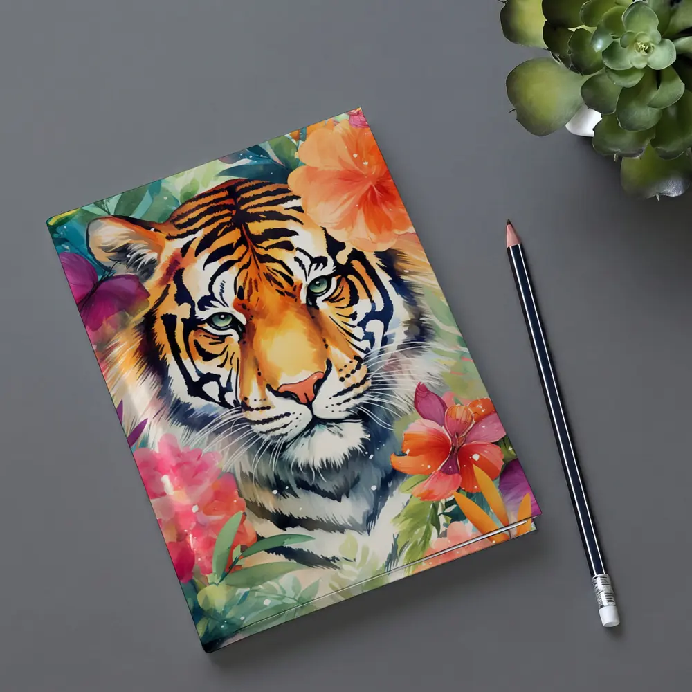 Tiger Portrait Watercolor Tropical Flowers Art – Notebooks