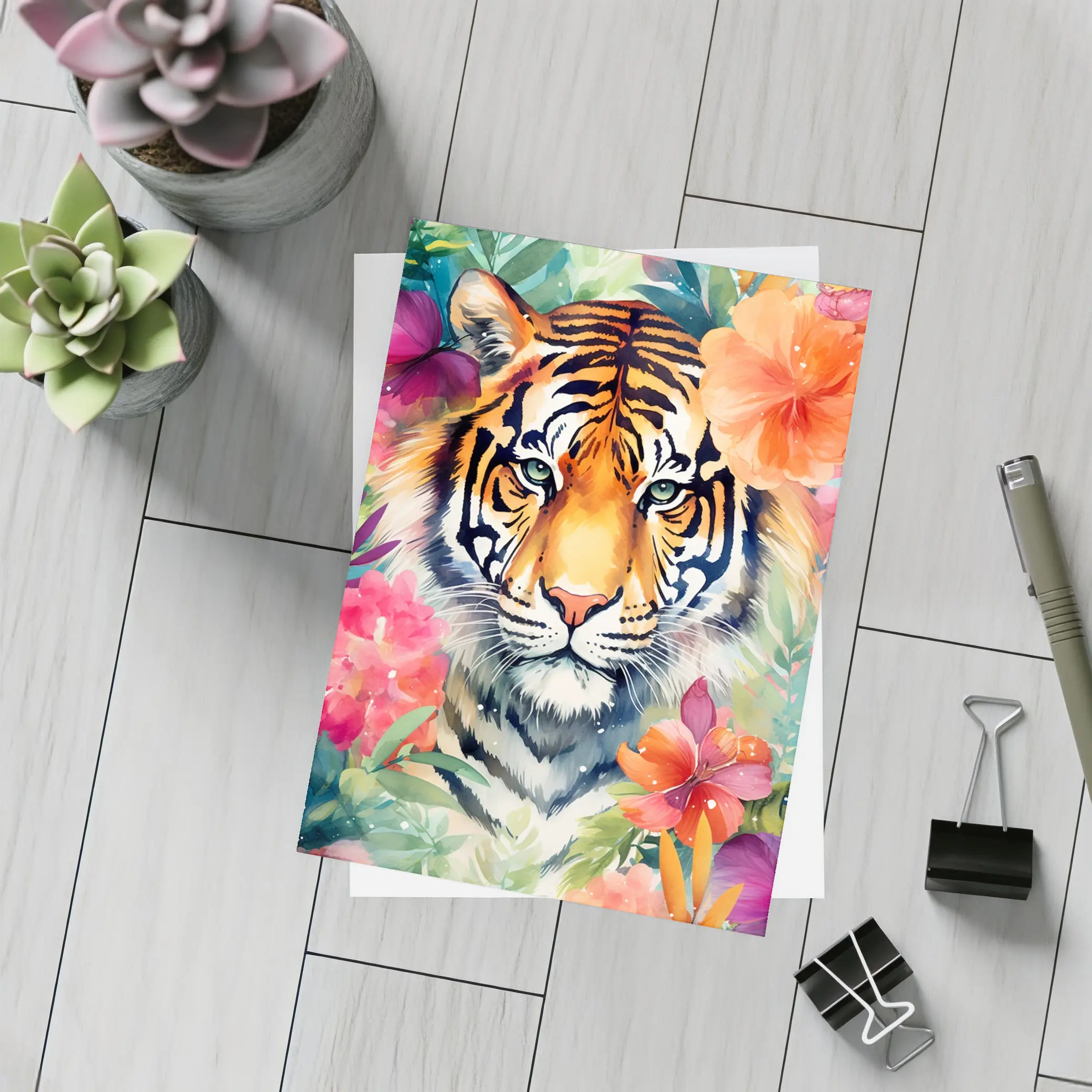 Tiger Portrait Watercolor Tropical Flowers Art – Postcards