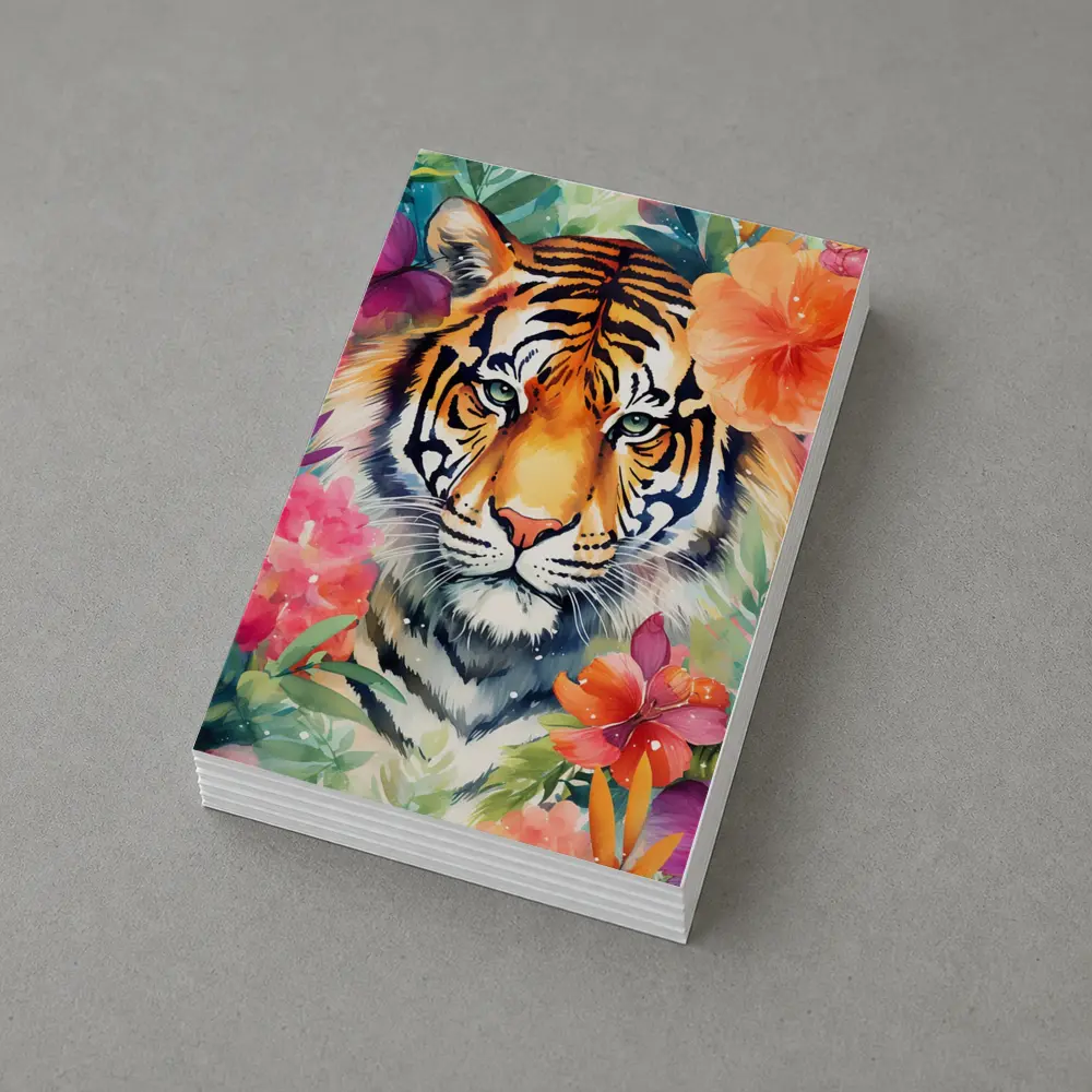 Tiger Portrait Watercolor Tropical Flowers Art – Postcards