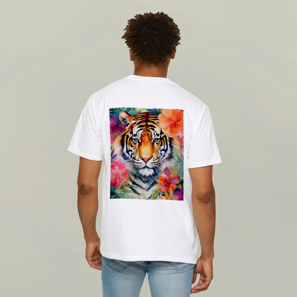 Tiger Portrait Watercolor Tropical Flowers Art – T-Shirts