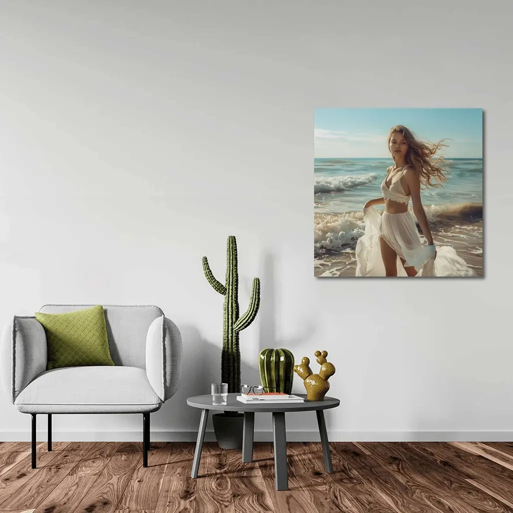 Young Woman White Dress Ocean Beach – Wall Art