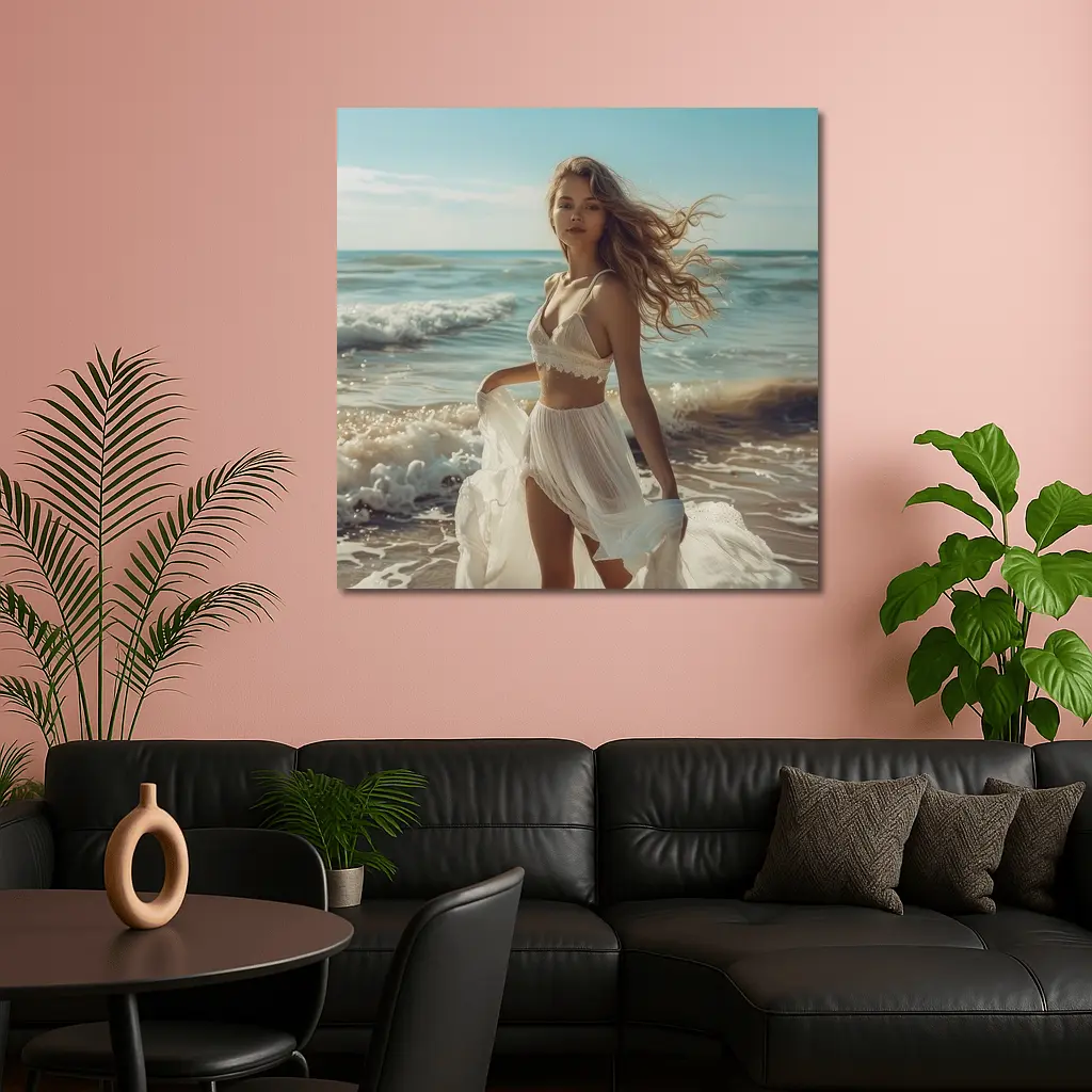 Young Woman White Dress Ocean Beach – Wall Art
