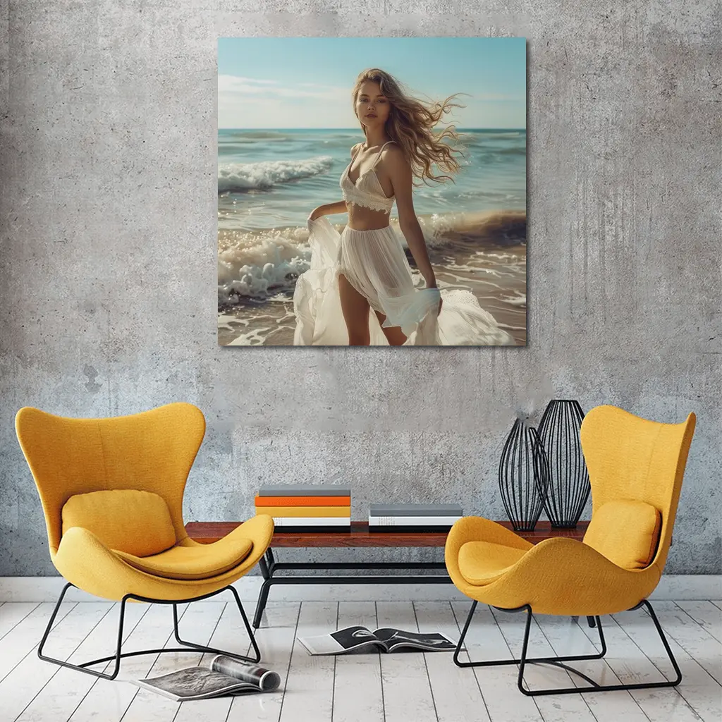 Young Woman White Dress Ocean Beach – Wall Art