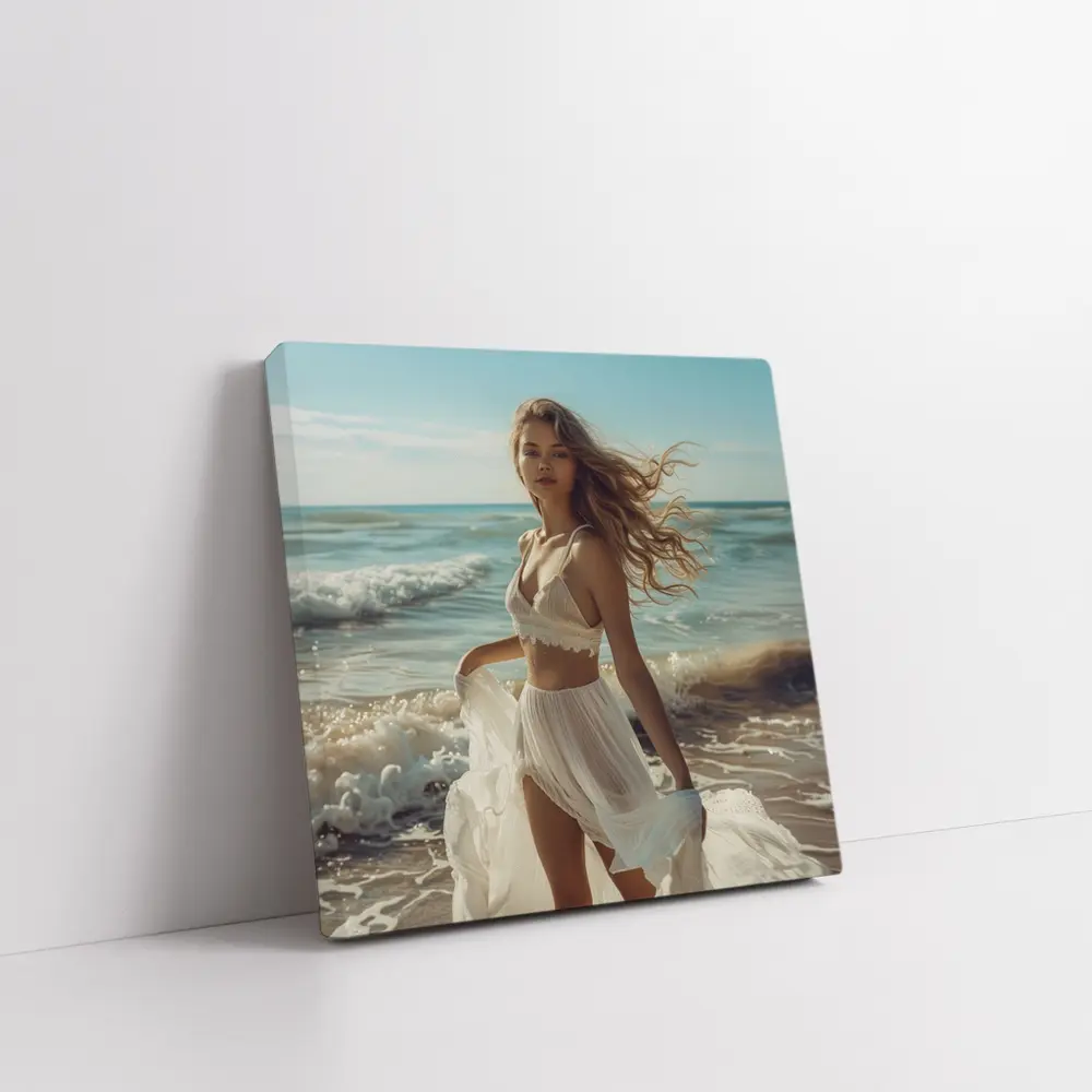 Young Woman White Dress Ocean Beach – Wall Art