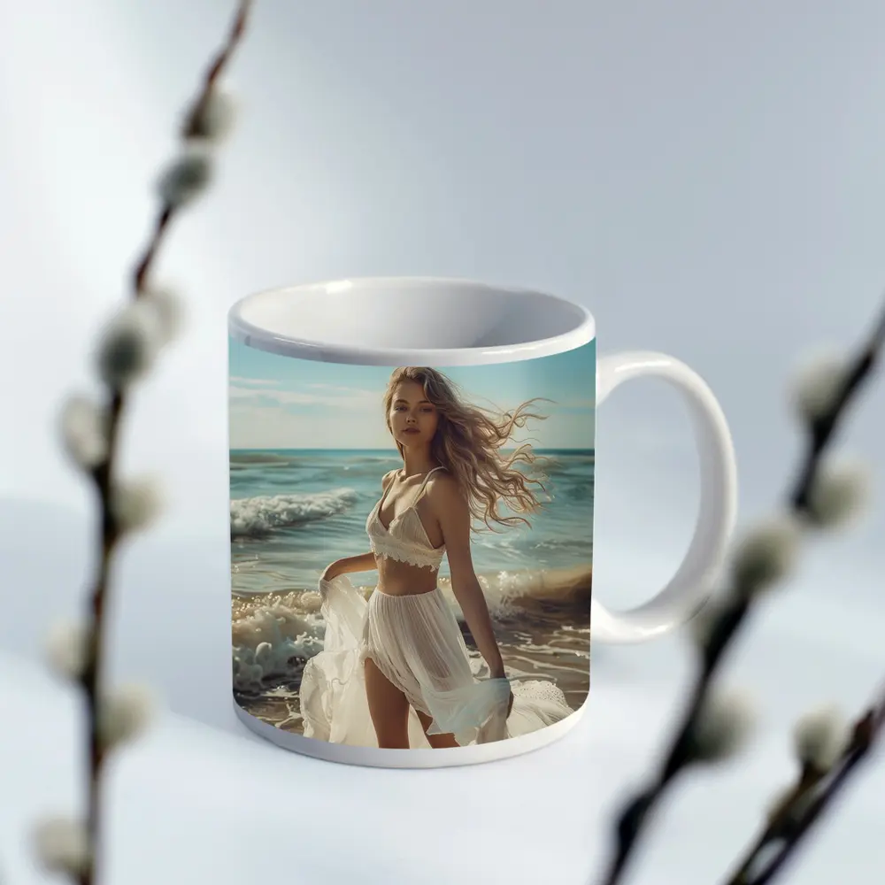 Young Woman White Dress Ocean Beach – Mugs
