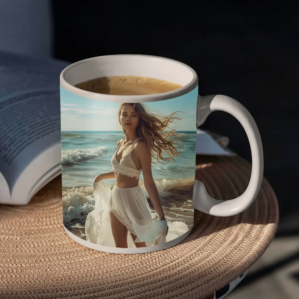 Young Woman White Dress Ocean Beach – Mugs