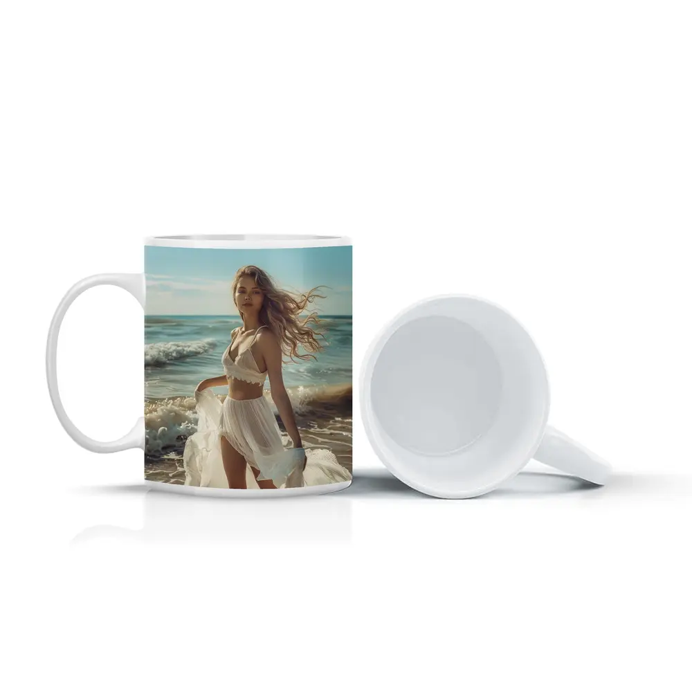 Young Woman White Dress Ocean Beach – Mugs