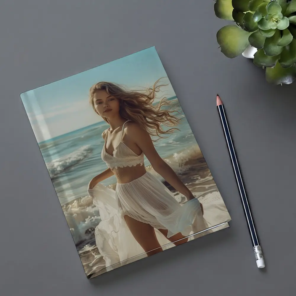Young Woman White Dress Ocean Beach – Notebooks