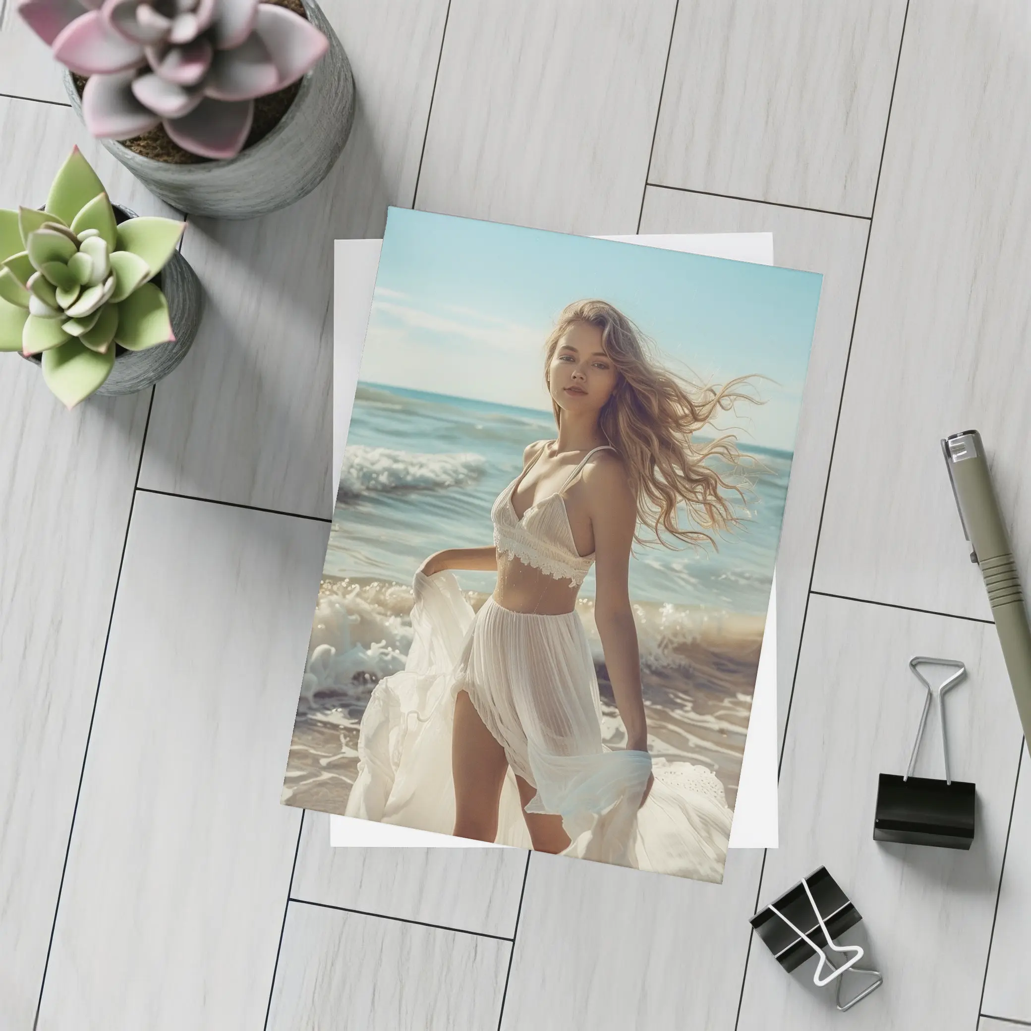Young Woman White Dress Ocean Beach – Postcards