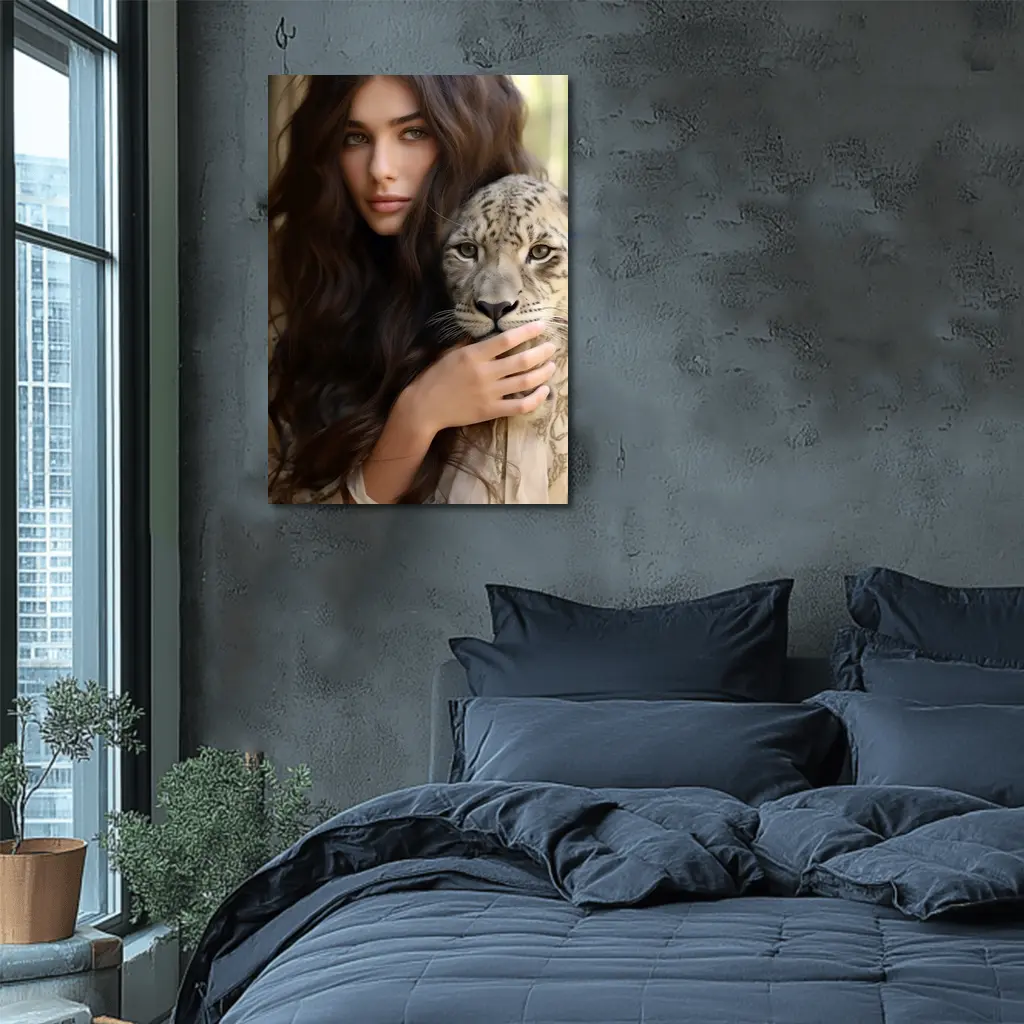 Woman Holding Snow Leopard Soft Background – Wall Art