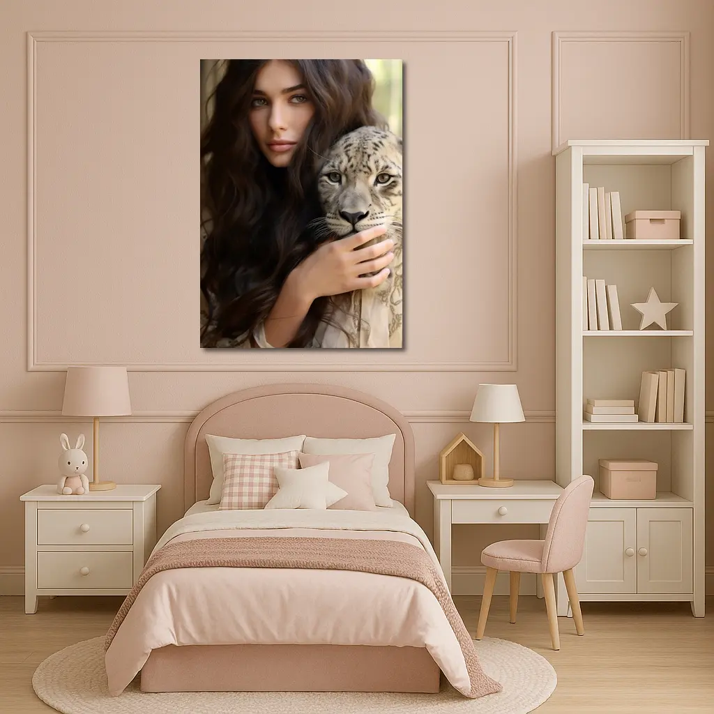 Woman Holding Snow Leopard Soft Background – Wall Art