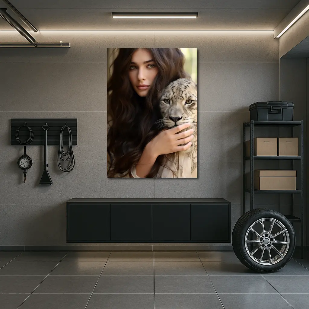 Woman Holding Snow Leopard Soft Background – Wall Art