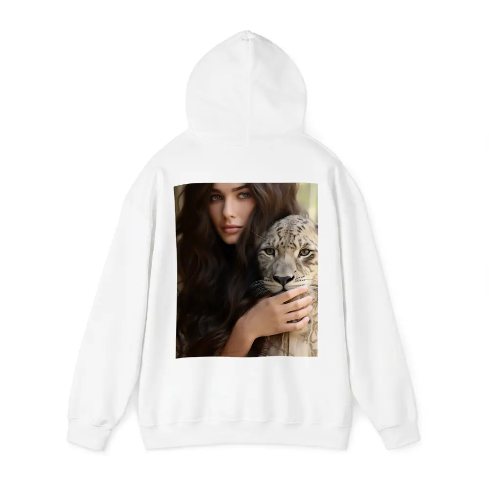 Woman Holding Snow Leopard Soft Background – Hoodies