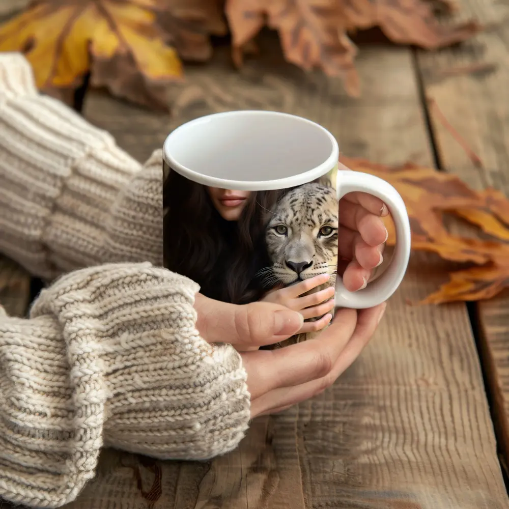 Woman Holding Snow Leopard Soft Background – Mugs