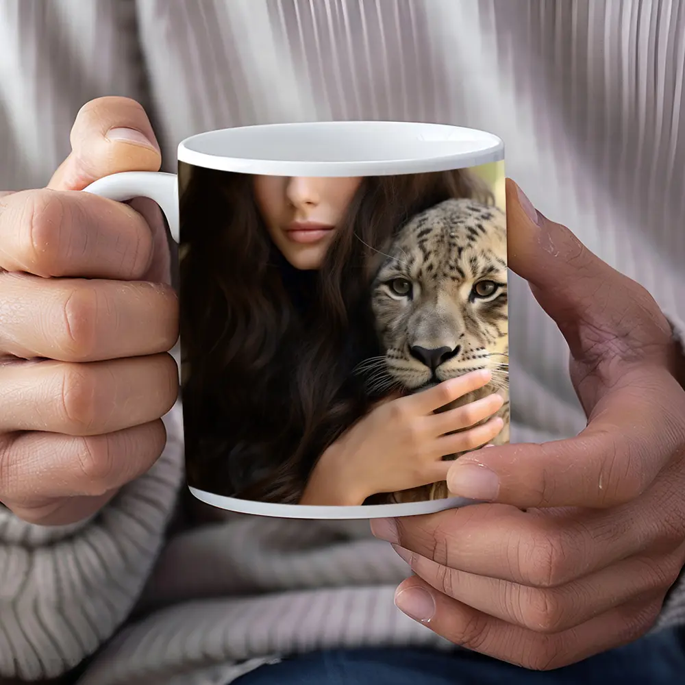 Woman Holding Snow Leopard Soft Background – Mugs