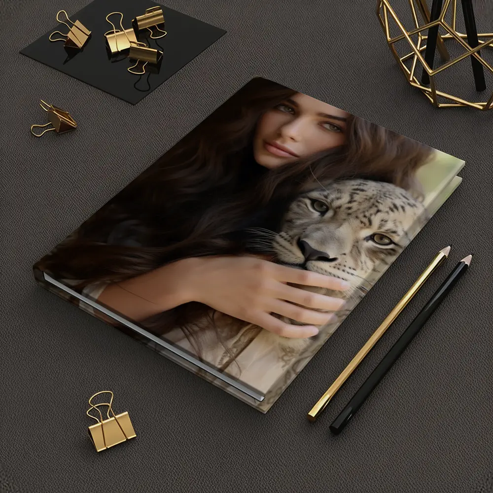 Woman Holding Snow Leopard Soft Background – Notebooks