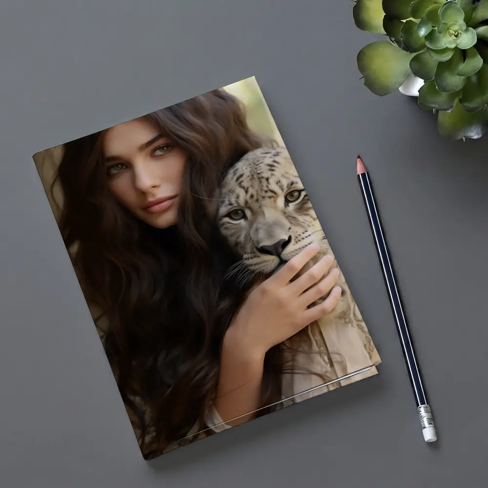 Woman Holding Snow Leopard Soft Background – Notebooks