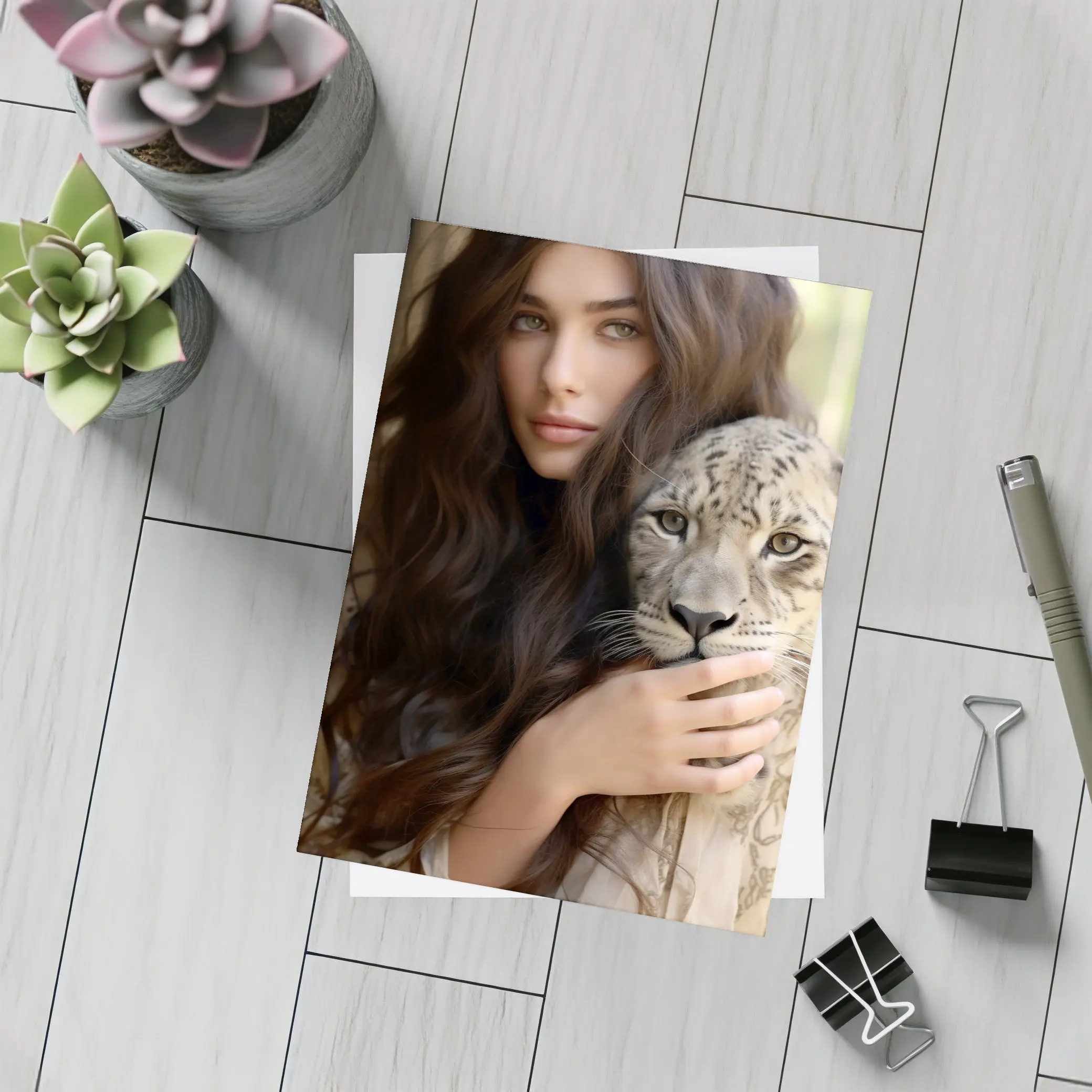 Woman Holding Snow Leopard Soft Background – Postcards