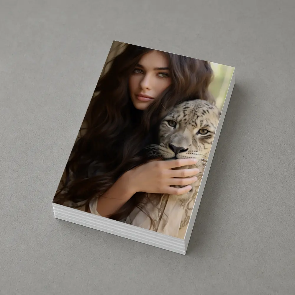Woman Holding Snow Leopard Soft Background – Postcards