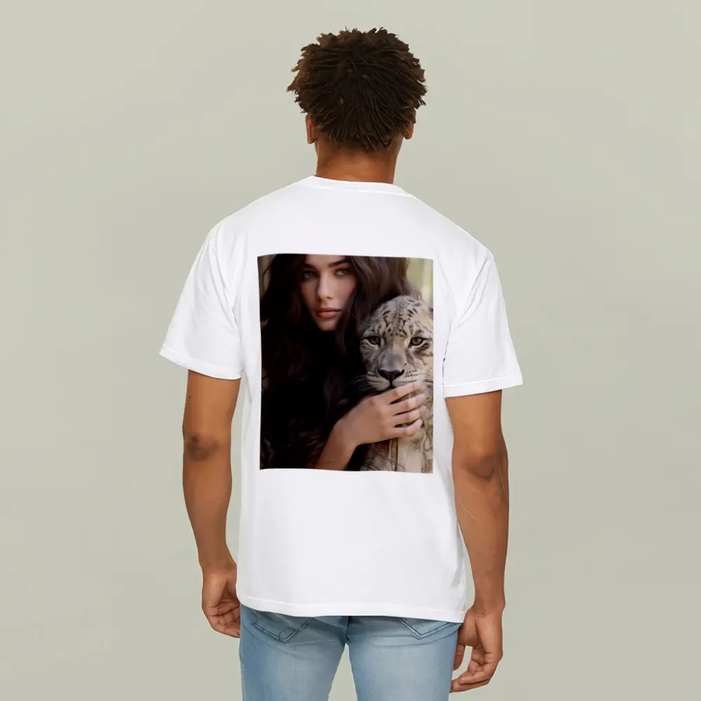 Woman Holding Snow Leopard Soft Background – T-Shirts
