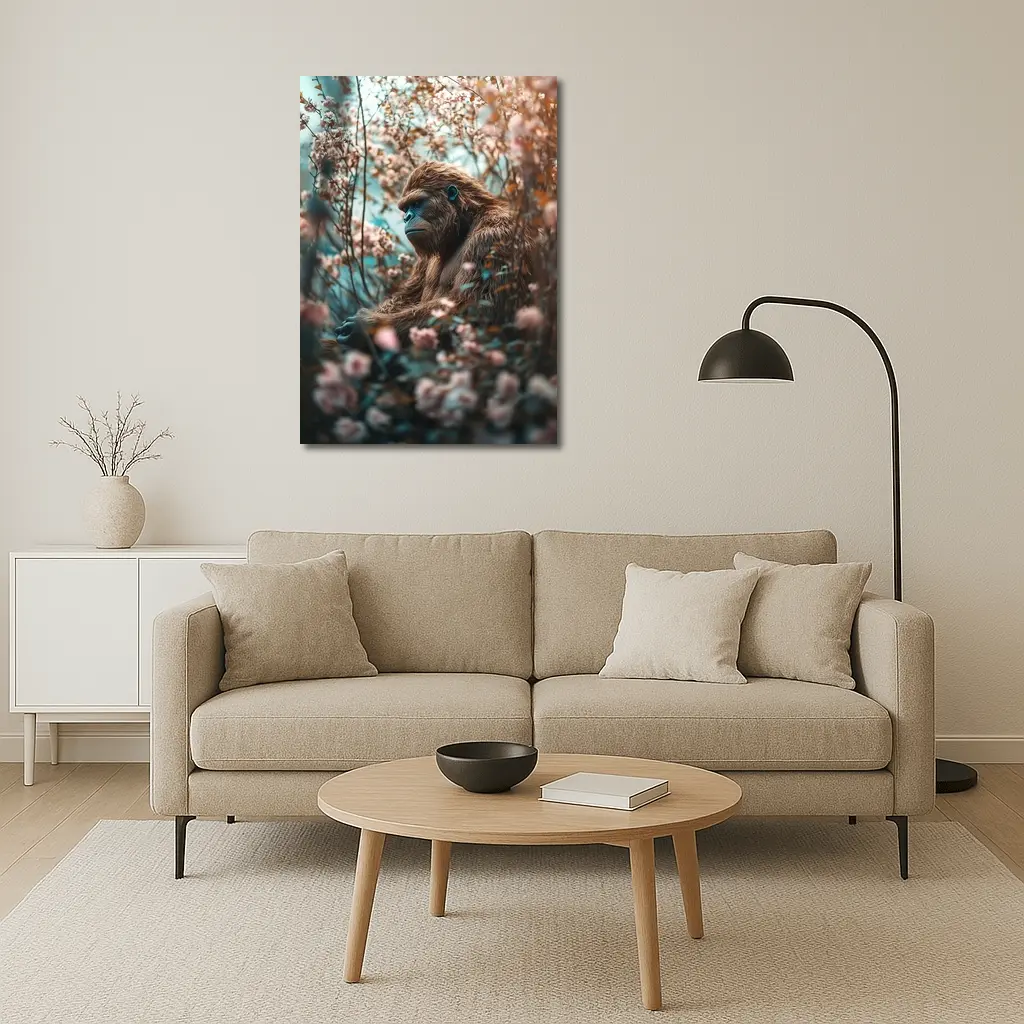Gorilla Among Pink Blossoms Floral Background – Wall Art