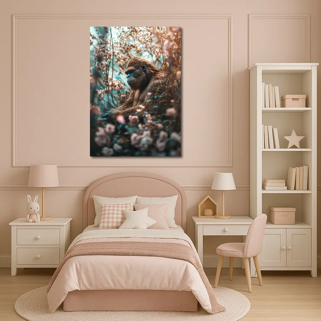 Gorilla Among Pink Blossoms Floral Background – Wall Art