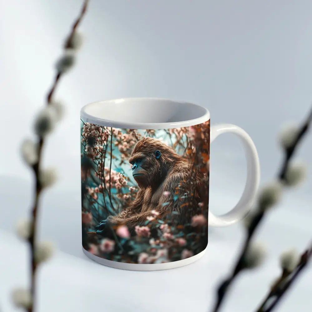 Gorilla Among Pink Blossoms Floral Background – Mugs