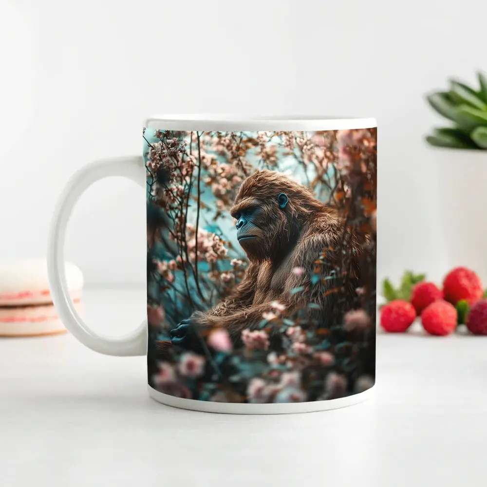Gorilla Among Pink Blossoms Floral Background – Mugs