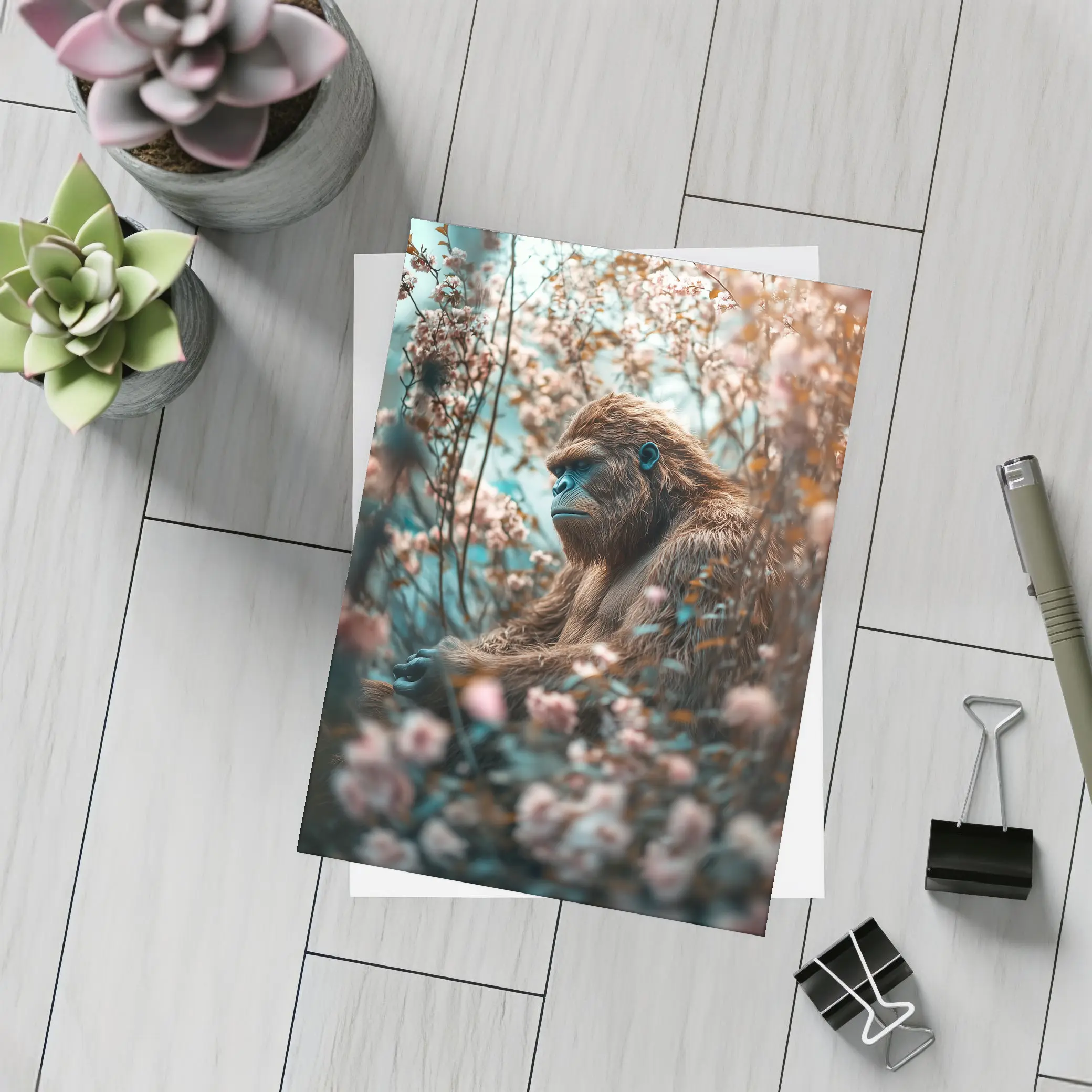 Gorilla Among Pink Blossoms Floral Background – Postcards