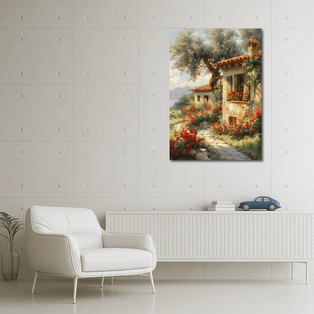 Mediterranean Cottage Garden Red Roses Painting – Wall Art