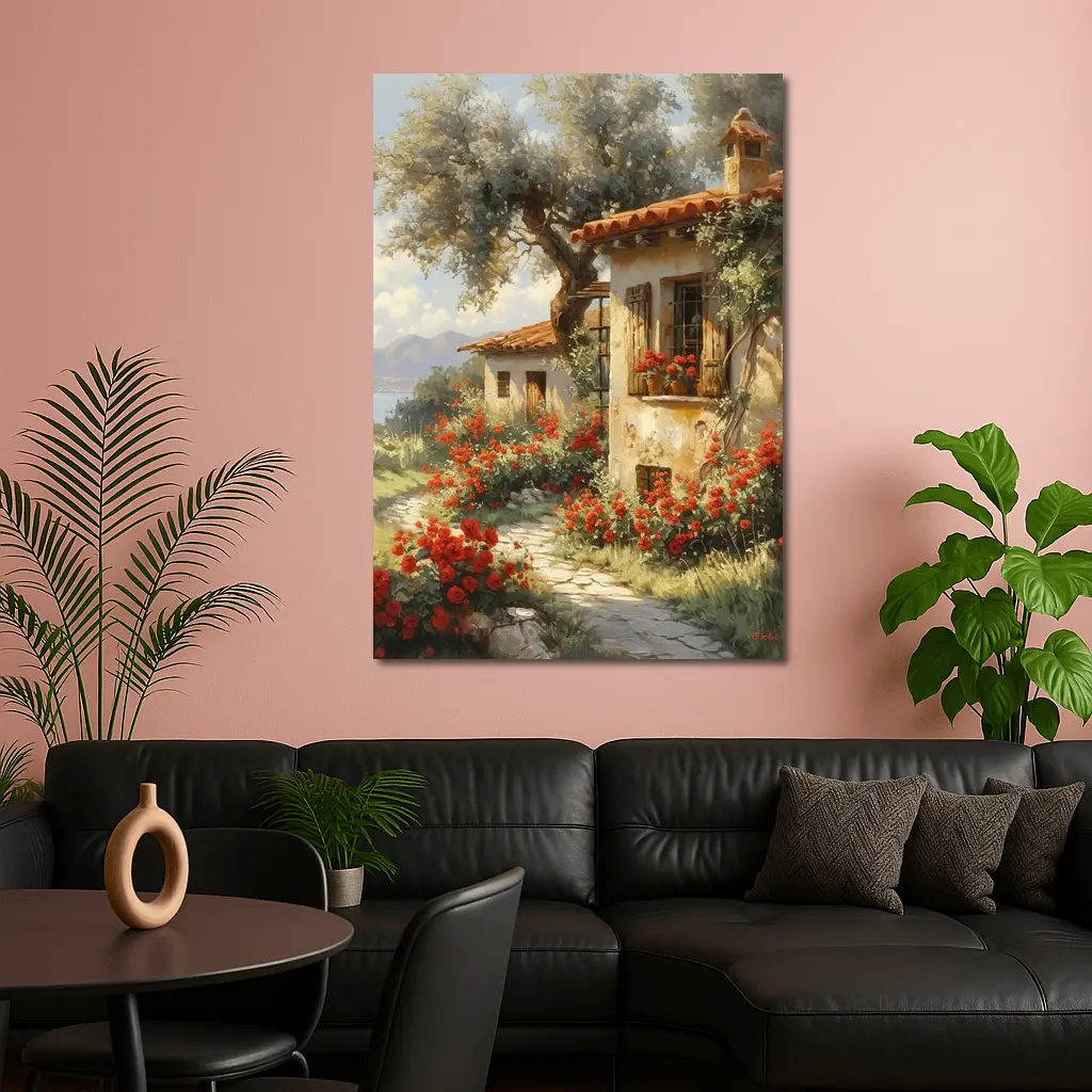 Mediterranean Cottage Garden Red Roses Painting – Wall Art