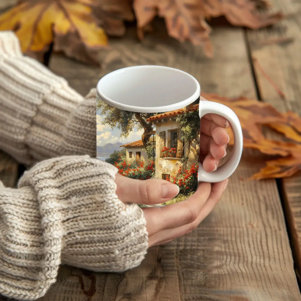 Mediterranean Cottage Garden Red Roses Painting – Mugs