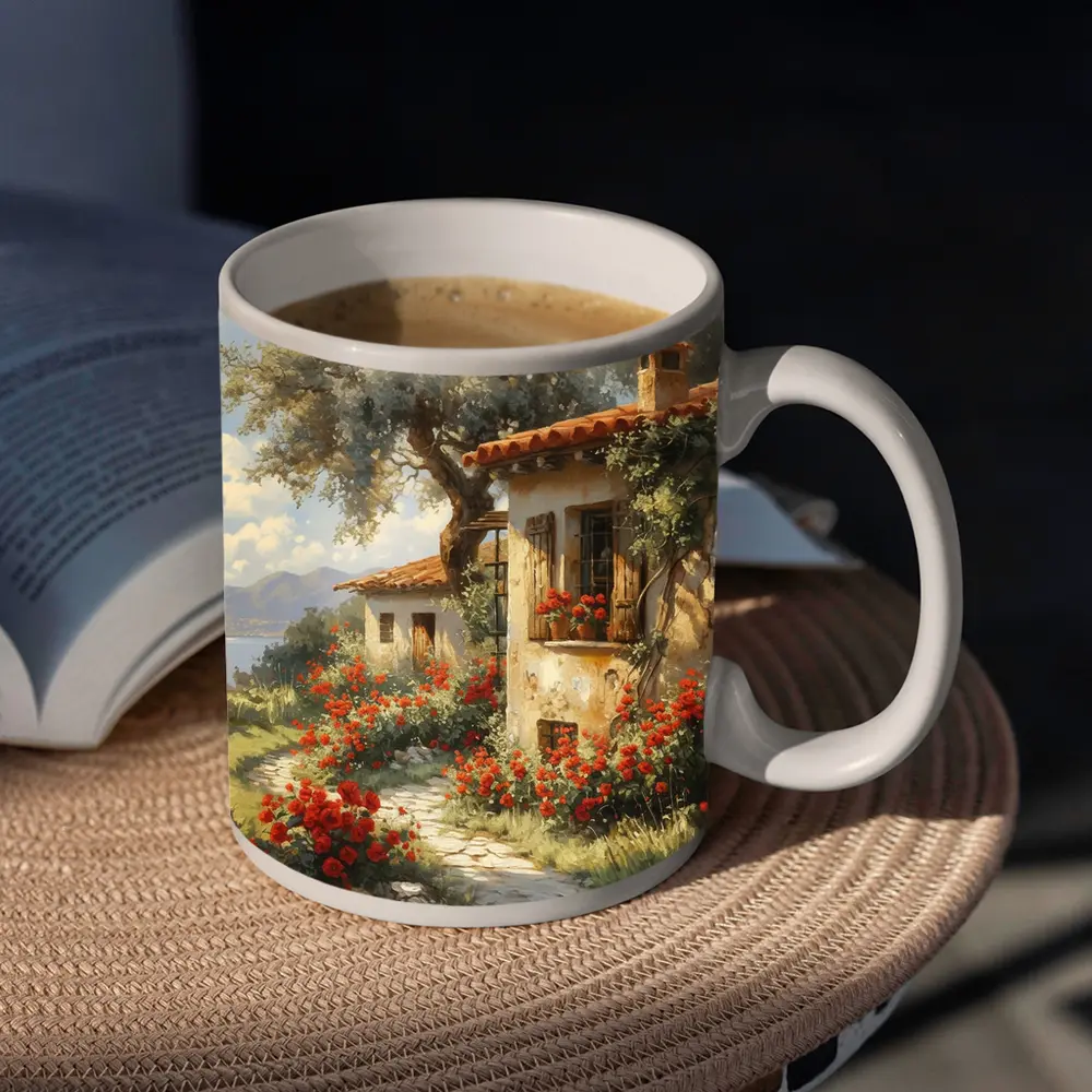 Mediterranean Cottage Garden Red Roses Painting – Mugs