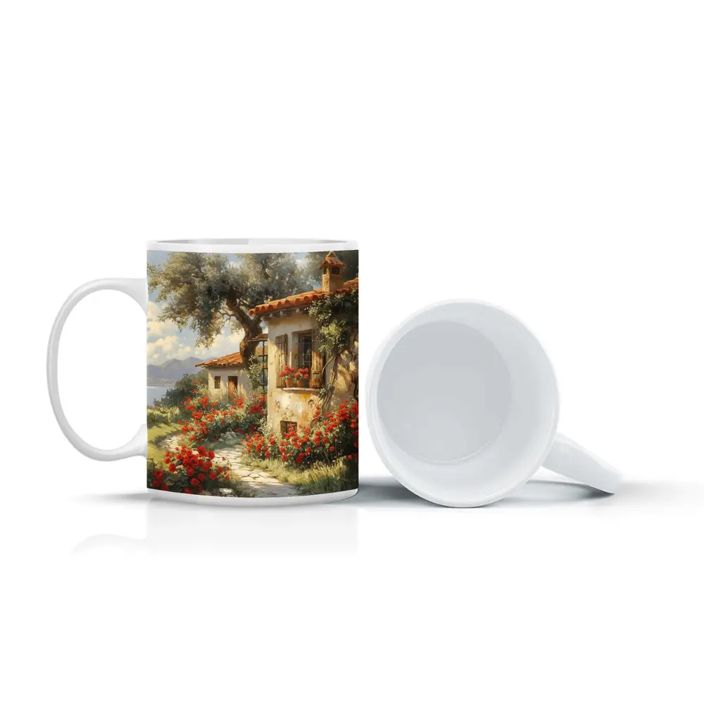 Mediterranean Cottage Garden Red Roses Painting – Mugs