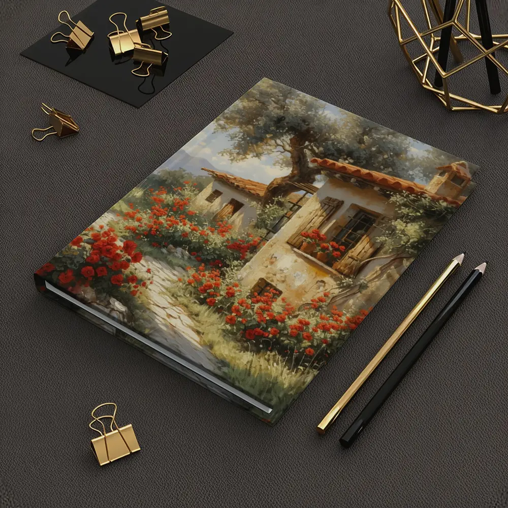 Mediterranean Cottage Garden Red Roses Painting – Notebooks
