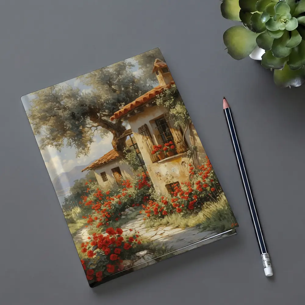 Mediterranean Cottage Garden Red Roses Painting – Notebooks