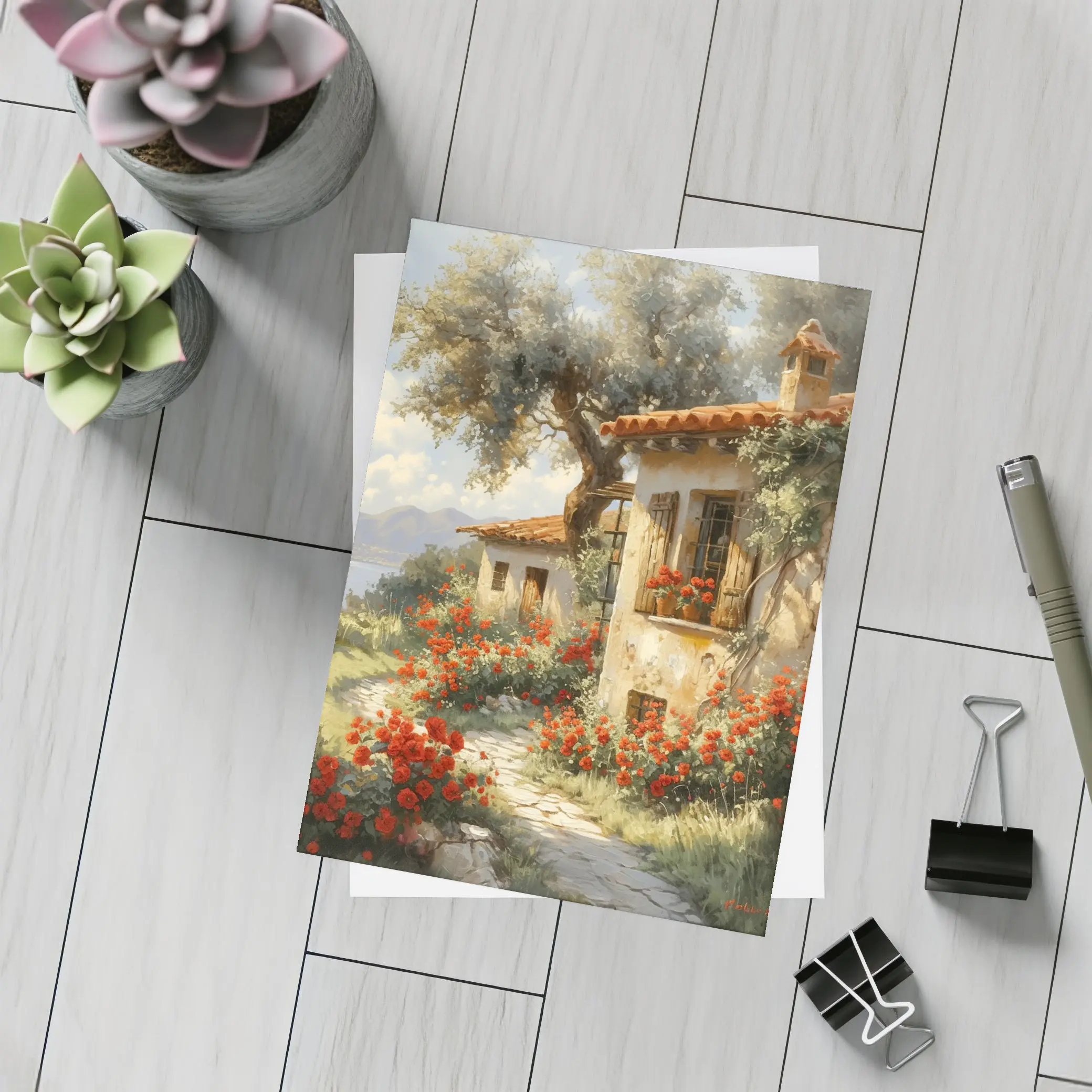 Mediterranean Cottage Garden Red Roses Painting – Postcards
