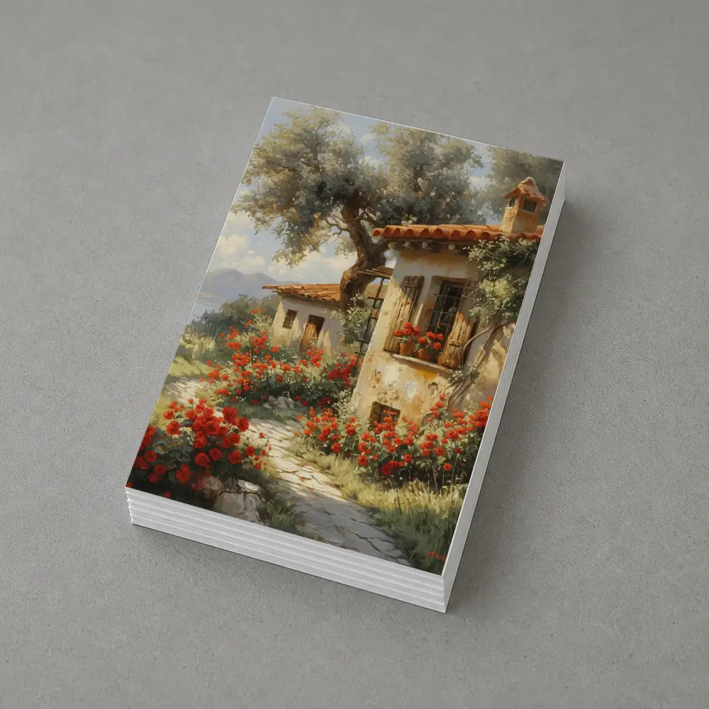 Mediterranean Cottage Garden Red Roses Painting – Postcards