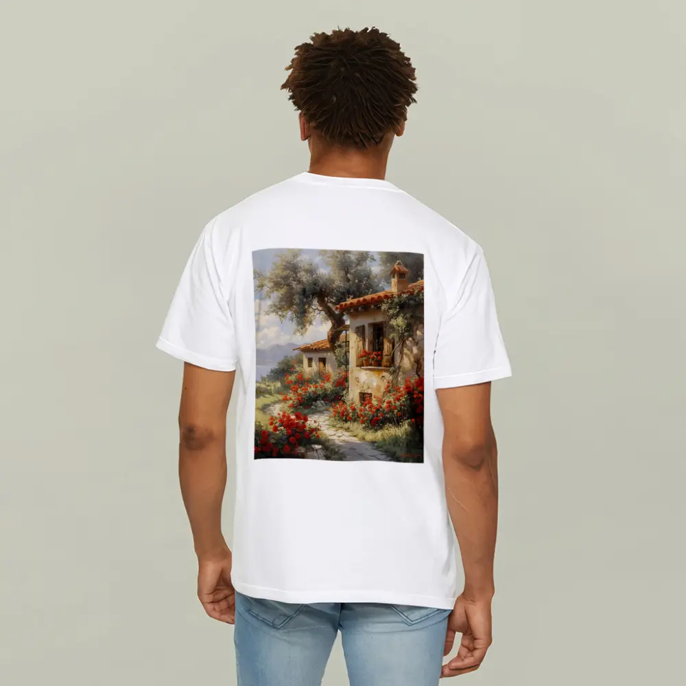 Mediterranean Cottage Garden Red Roses Painting – T-Shirts