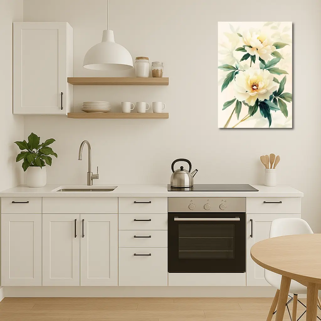 White Peony Flowers Soft Beige Watercolor Art – Wall Art