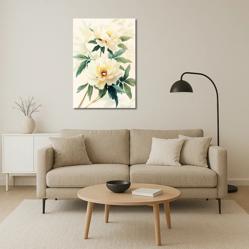 White Peony Flowers Soft Beige Watercolor Art – Wall Art