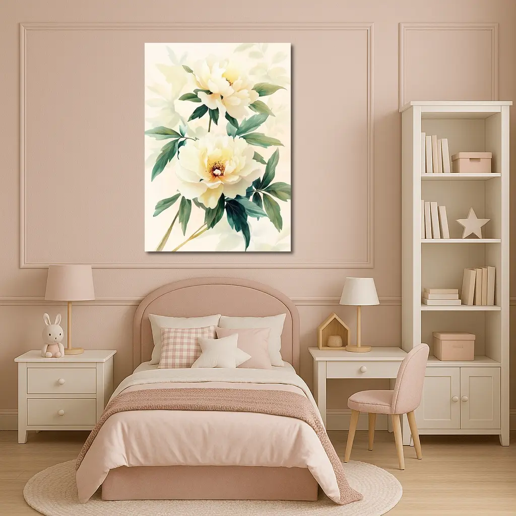 White Peony Flowers Soft Beige Watercolor Art – Wall Art