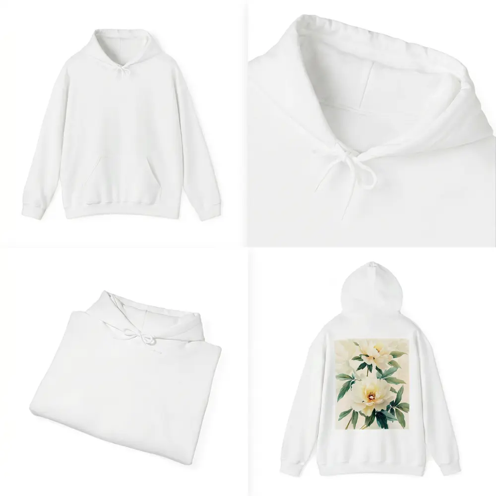 White Peony Flowers Soft Beige Watercolor Art – Hoodies