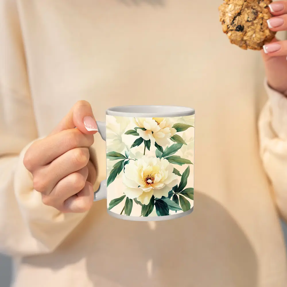 White Peony Flowers Soft Beige Watercolor Art – Mugs